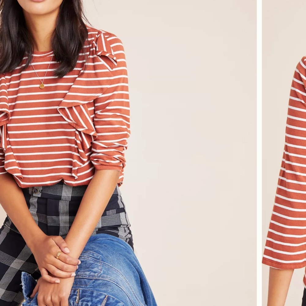 Anthropologie Erika Ruffle Detail Striped Rust Top • Small